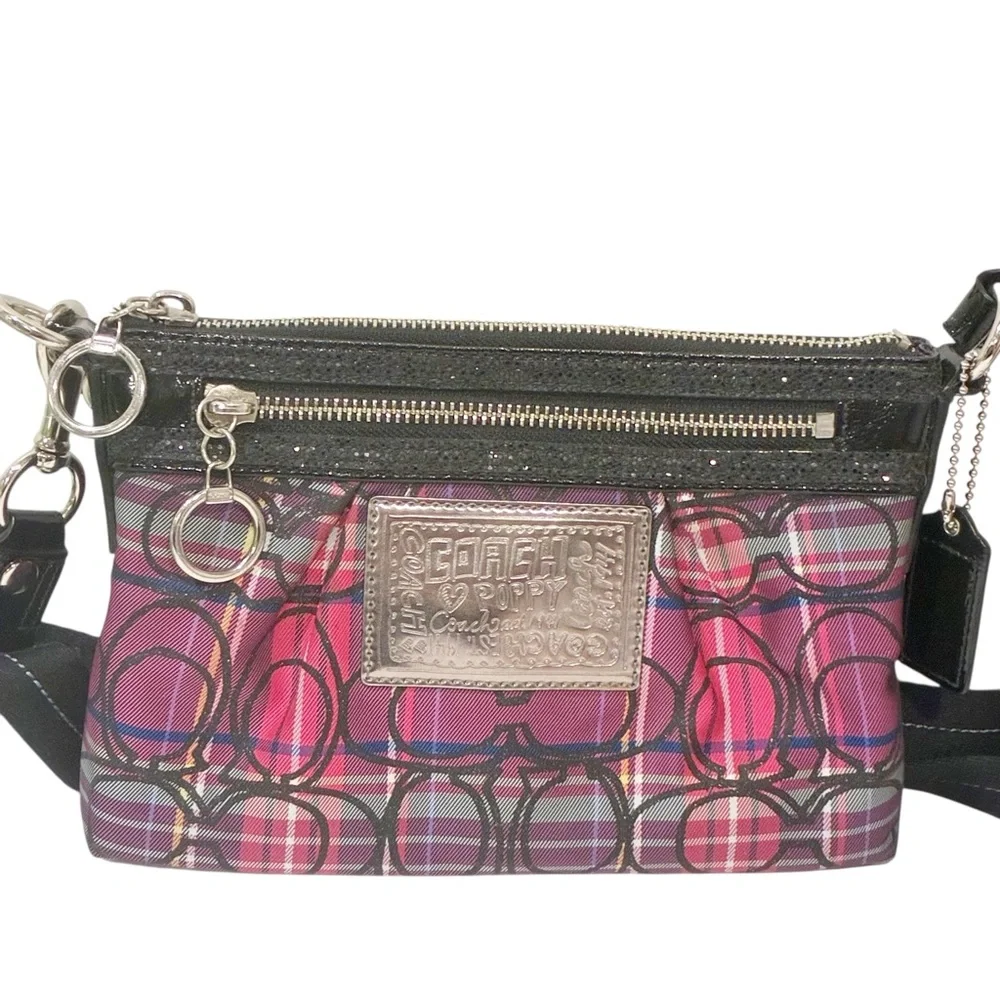 Coach Poppy Plaid Logo Black Glitter Purple Pink Tartan Plaid Crossbody Bag